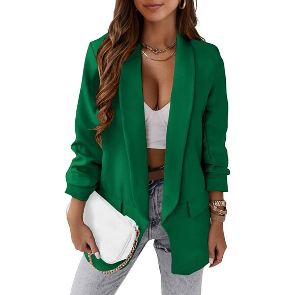 Women's Green Casual Blazer Spring Fall Fashion Long Sleeve Open Front Work